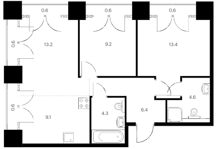 2-комнатная квартира 63.2 м², 9/9 эт., ЖК «Лермонтовский 54»